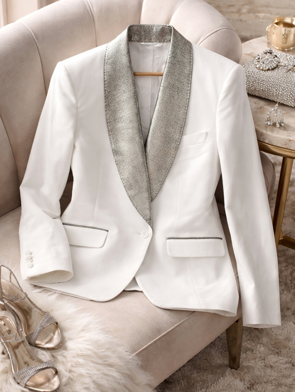 Vineyard Vines White Blazer Metallic Silver Shawl Collar Women’s Small NWOT